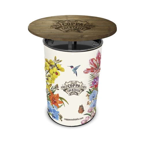 MESA BARRIL FULL COLOUR CON SOBRE DE MESA DE MADERA DE GRANERO