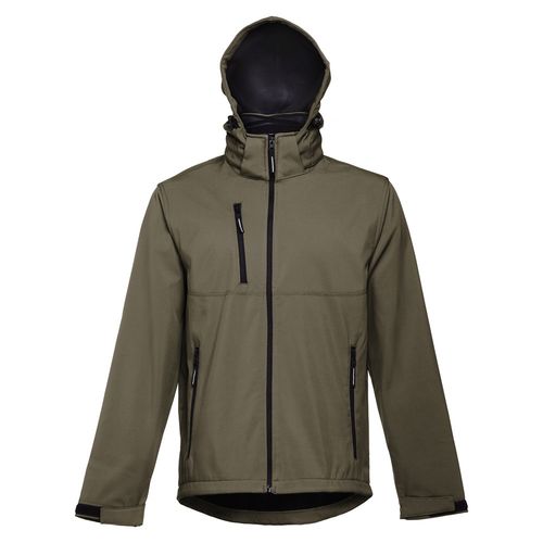 verde militar THC ZAGREB. Chaqueta softshell para hombre, con capucha removible