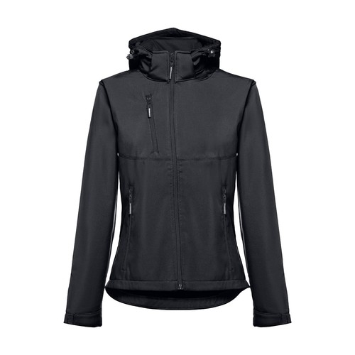 black THC ZAGREB WOMEN. Chaqueta softshell para mujer, con capucha removible