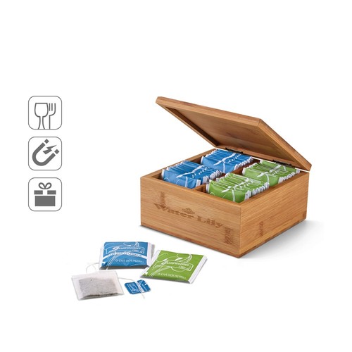 ARNICA. CAJA DE TÉ DE BAMBÚ CON 4 COMPARTIMENTOS Y CIERRE MAGNÉTICO