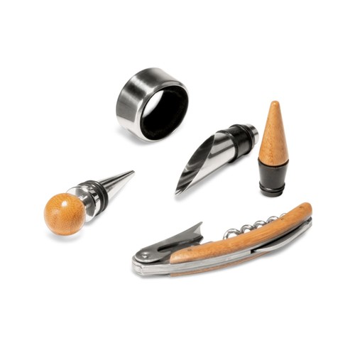 MORETO. Set de vino formado por 4 piezas, fabricadas en bambú, acero inoxidable y ABS