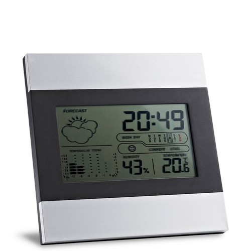 plateado satinado DENE. Estación meteorológica de sobremesa con pantalla LCD de aluminio y ABS