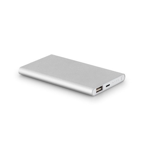 plateado satinado MARCET. Power bank slim 4'000 mAh, fabricado en ABS reciclado (70 % rABS) y aluminio reciclado (30 % rAL)
