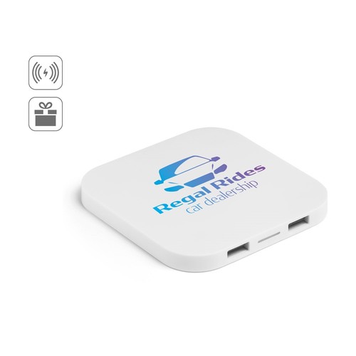CAROLINE. CARGADOR INALÁMBRICO SUPERRÁPIDO DE 15W CON HUB 2 PUERTOS USB-A, FABRICADO EN ABS RECICLADO (60% RABS)