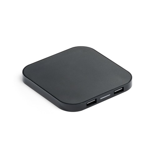 CAROLINE. Cargador inalámbrico superrápido de 15W con HUB 2 puertos USB-A, fabricado en ABS reciclado (60% rABS)