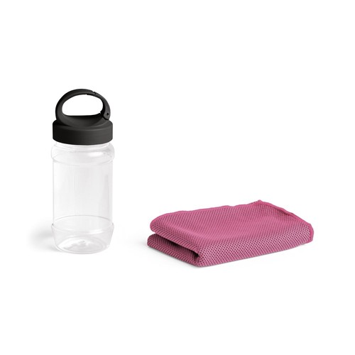 pink ARTX PLUS. Conjunto que incluye una botella hecha en PP y PET y una toalla refrescante deportiva de poliamida y poliéster