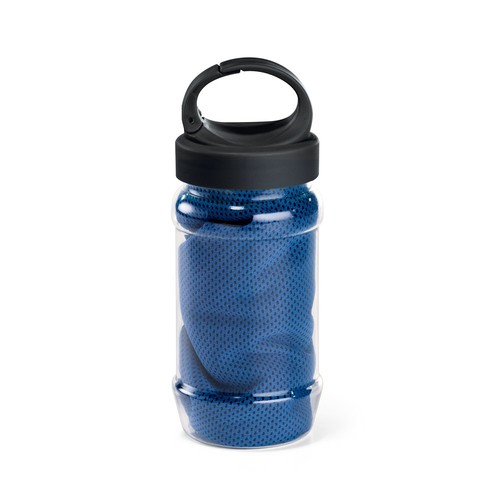 azulón ARTX PLUS. Conjunto que incluye una botella hecha en PP y PET y una toalla refrescante deportiva de poliamida y poliéster