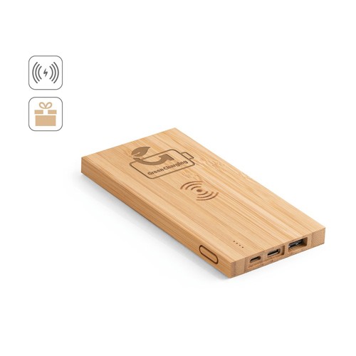 FITCH. POWER BANK 5'000 MAH CON CARGADOR INALÁMBRICO DE 5W, FABRICADO EN BAMBÚ