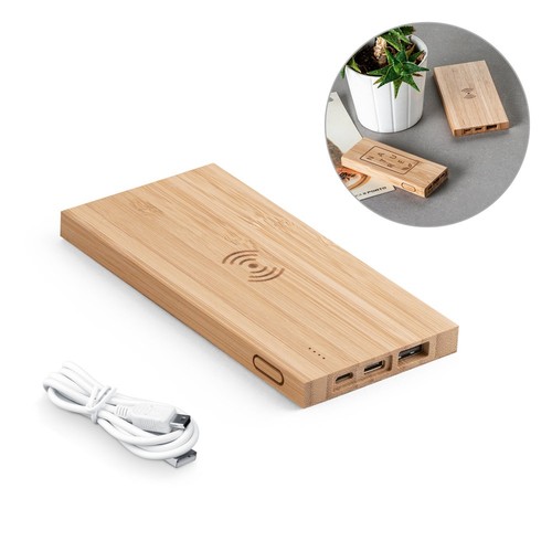 FITCH. POWER BANK 5'000 MAH CON CARGADOR INALÁMBRICO DE 5W, FABRICADO EN BAMBÚ