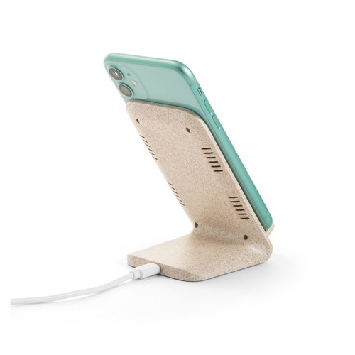 natural ENGLERT. Soporte para smartphone con cargador inalámbrico, rápido, de 10 W en ABS reciclado (70% rABS) y fibra de paja de trigo