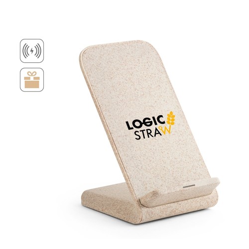 ENGLERT. SOPORTE PARA SMARTPHONE CON CARGADOR INALÁMBRICO, RÁPIDO, DE 10 W EN ABS RECICLADO (70% RABS) Y FIBRA DE PAJA DE TRIGO