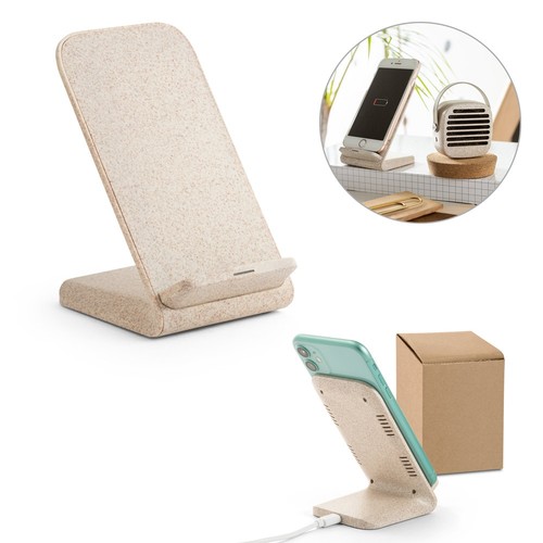 ENGLERT. SOPORTE PARA SMARTPHONE CON CARGADOR INALÁMBRICO, RÁPIDO, DE 10 W EN ABS RECICLADO (70% RABS) Y FIBRA DE PAJA DE TRIGO