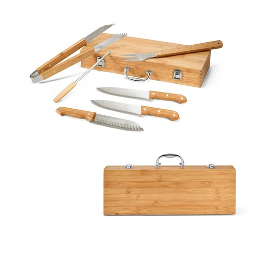 KABSA. Juego de utensilios para barbacoa en caja de bambú, Merchandising, artículos personalizados para tu promoción de marca
