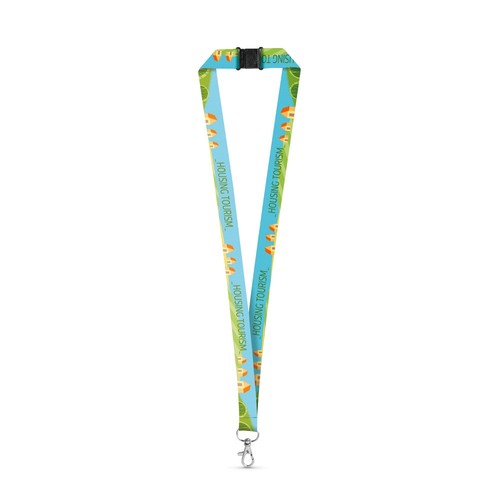 white DOVER. SET Lanyard SUBLIMATION Long II (20 mm) en poliéster reciclado (100% rPET) con mosquetón de gatillo de 20 mm y cierre de seguridad