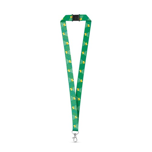 white DOVER. SET Lanyard SUBLIMATION Long II (20 mm) en poliéster reciclado (100% rPET) con mosquetón de gatillo de 20 mm y cierre de seguridad