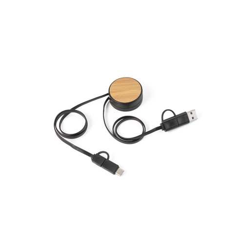 RUBINS. Cable USB retráctil 6 en 1 en ABS reciclado (100% rABS) y bambú
