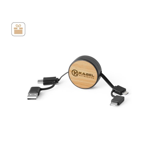 RUBINS. CABLE USB RETRÁCTIL 6 EN 1 EN ABS RECICLADO (100% RABS) Y BAMBÚ