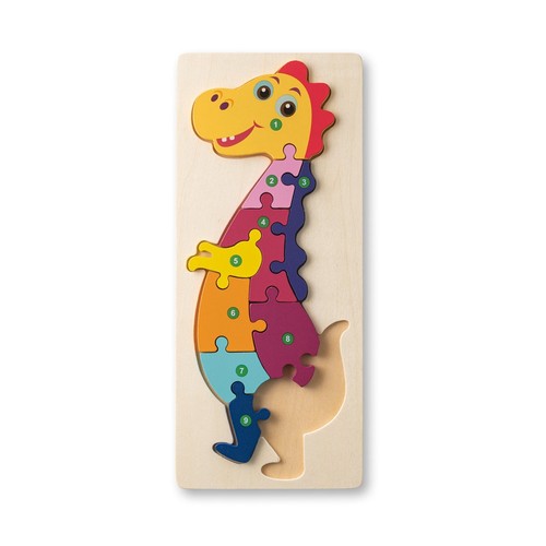luz natural DIPLODOCO. Rompecabezas con forma de dinosaurio hecho en madera contrachapada de pino