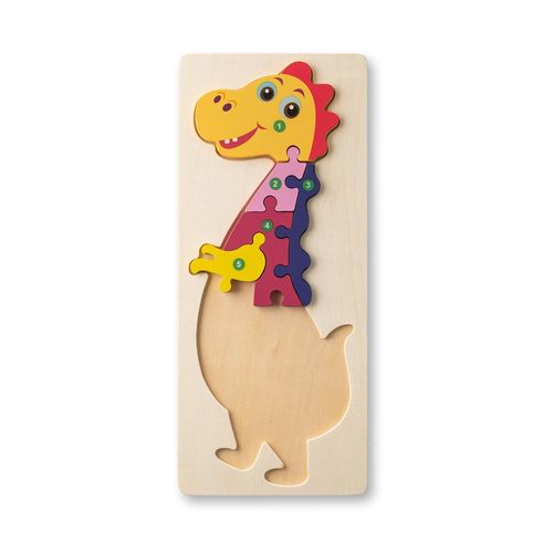luz natural DIPLODOCO. Rompecabezas con forma de dinosaurio hecho en madera contrachapada de pino