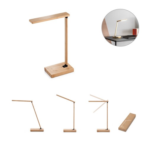 MOREY. Lampe de bureau pliante avec chargeur sans fil ultrarapide de 15 W en bambou, RIONDET SERIPUB, EYBENS