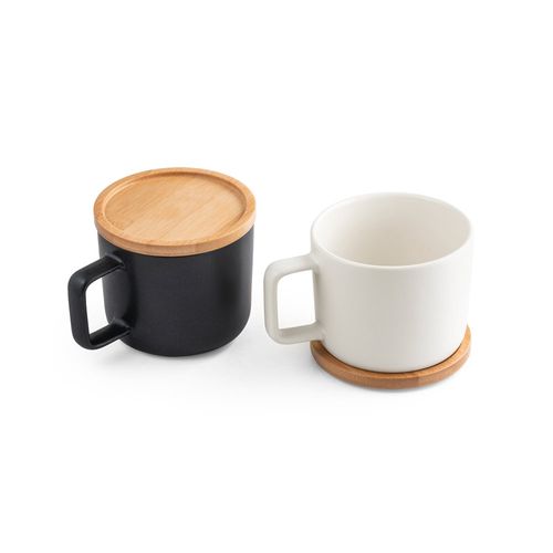 FANGIO. Taza de cerámica con tapa y base de bambú de 230 mL