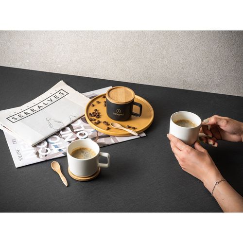 FANGIO. Taza de cerámica con tapa y base de bambú de 230 mL