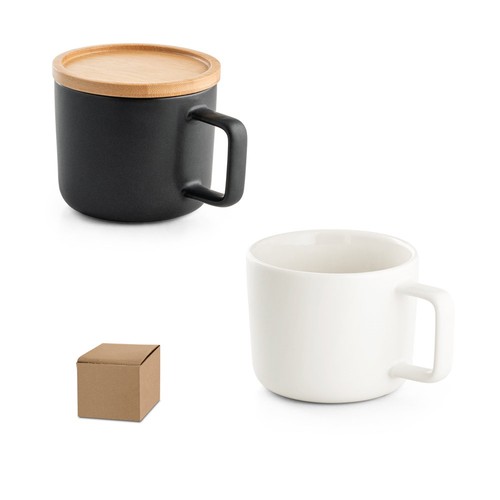 FANGIO. TAZA DE CERÁMICA CON TAPA Y BASE DE BAMBÚ DE 220 ML