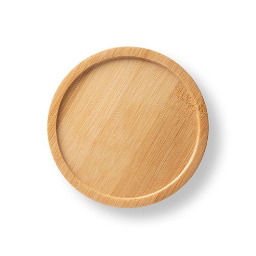 white FANGIO. Taza de cerámica con tapa y base de bambú de 220 mL