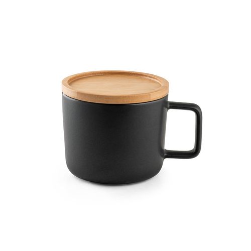 black FANGIO. Taza de cerámica con tapa y base de bambú de 220 mL