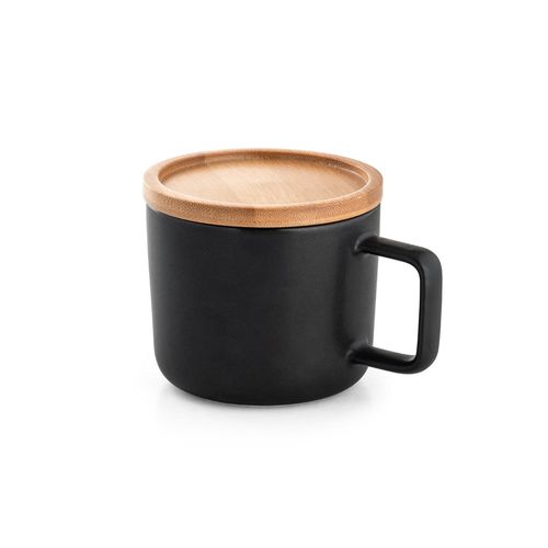 FANGIO. Taza de cerámica con tapa y base de bambú de 230 mL