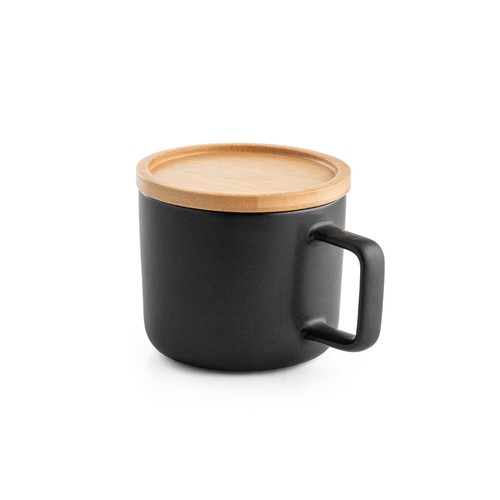 black FANGIO. Taza de cerámica con tapa y base de bambú de 220 mL
