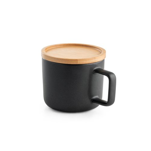 FANGIO. Taza de cerámica con tapa y base de bambú de 230 mL