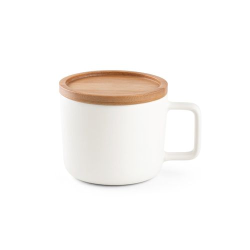 white FANGIO. Taza de cerámica con tapa y base de bambú de 220 mL