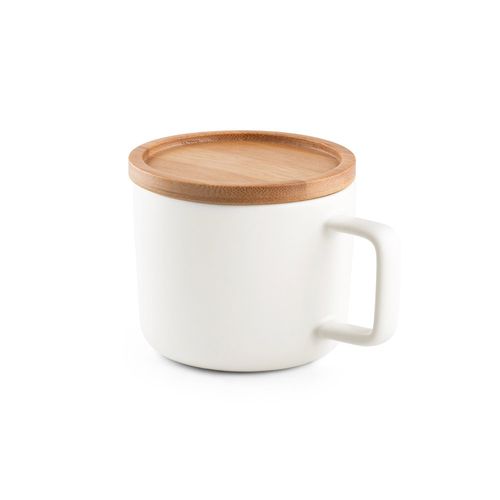 FANGIO. Taza de cerámica con tapa y base de bambú de 230 mL