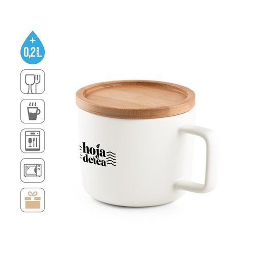 FANGIO. TAZA DE CERÁMICA CON TAPA Y BASE DE BAMBÚ DE 220 ML