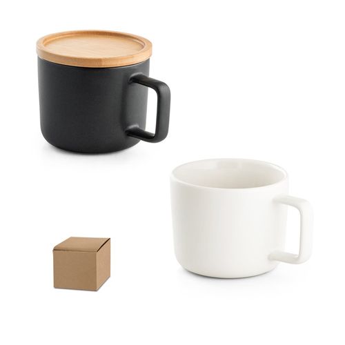 FANGIO. TAZA DE CERÁMICA CON TAPA Y BASE DE BAMBÚ DE 220 ML