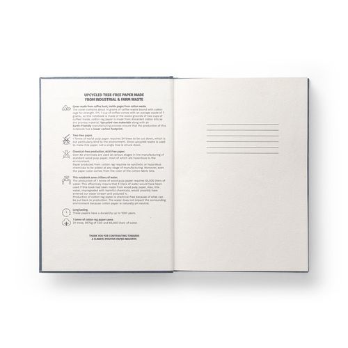 blue COFFEEPAD RIGID. Bloc de notas A5 con tapa dura elaborado con residuos de cascarilla de café (65%)