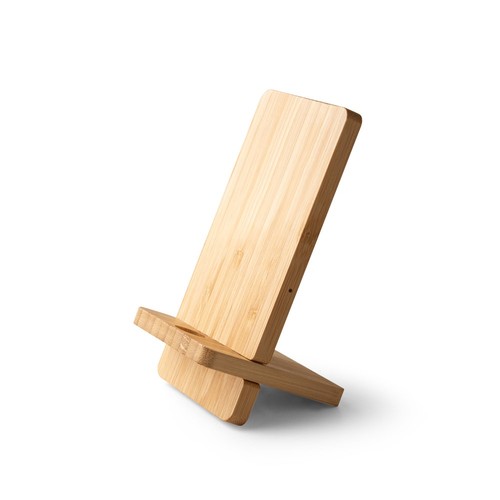 natural LANGE. Soporte para smartphone con cargador inalámbrico, ultrarrápido, de 15 W en bambú