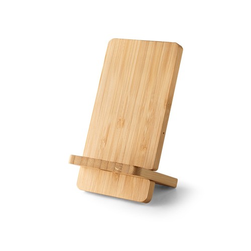 natural LANGE. Soporte para smartphone con cargador inalámbrico, ultrarrápido, de 15 W en bambú