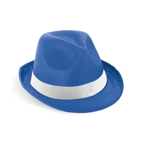 azulón MANOLO POLI. Gorro en PP con cinta de poliéster blanca