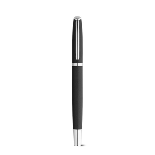 black RE-LANDO-SET. Set de roller y bolígrafo con cuerpo de aluminio reciclado (100% rAL)
