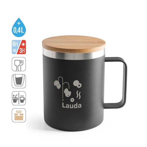 LAUDA. TAZA DE ACERO INOXIDABLE 90% RECICLADO CON TAPA DE BAMBÚ 420 ML