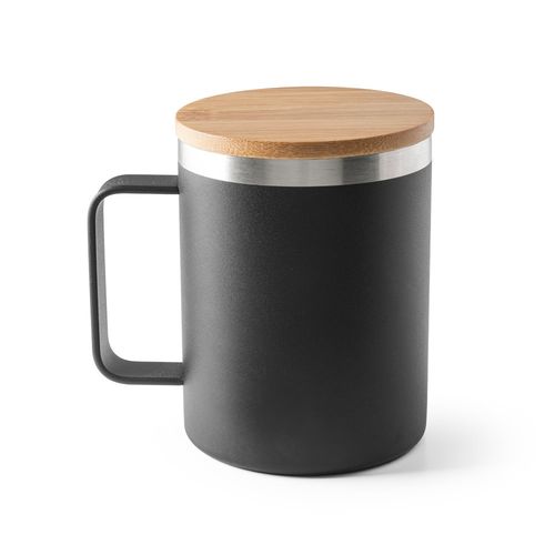 black LAUDA. Taza de acero inoxidable 90% reciclado con tapa de bambú 420 mL