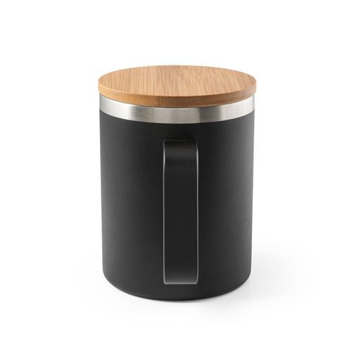 black LAUDA. Taza de acero inoxidable 90% reciclado con tapa de bambú 420 mL