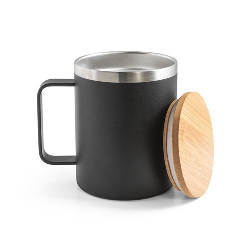 black LAUDA. Taza de acero inoxidable 90% reciclado con tapa de bambú 420 mL
