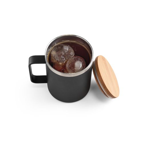 black LAUDA. Taza de acero inoxidable 90% reciclado con tapa de bambú 420 mL