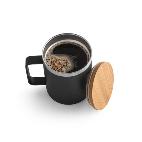 black LAUDA. Taza de acero inoxidable 90% reciclado con tapa de bambú 420 mL