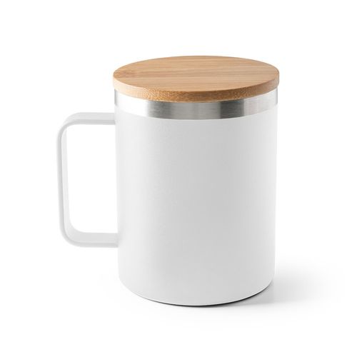 white LAUDA. Taza de acero inoxidable 90% reciclado con tapa de bambú 420 mL