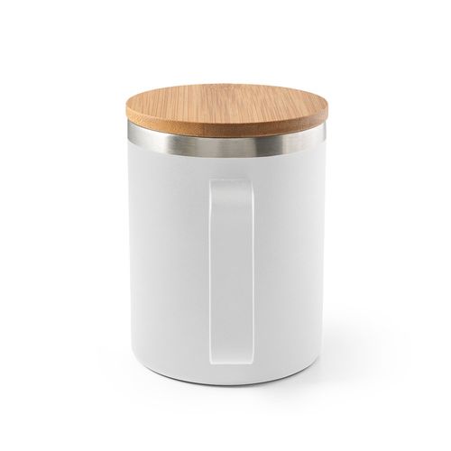 white LAUDA. Taza de acero inoxidable 90% reciclado con tapa de bambú 420 mL