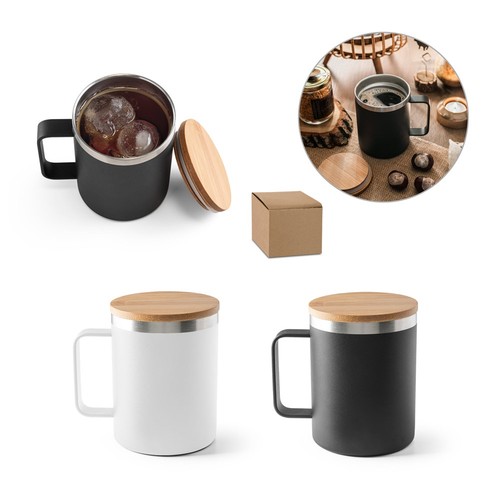 LAUDA. TAZA DE ACERO INOXIDABLE 90% RECICLADO CON TAPA DE BAMBÚ 420 ML